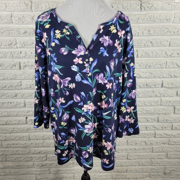Karen Scott Women Top 2X Plus 3/4 Sleeve Blue Floral Quarter Button FLO121XE - Picture 1 of 10